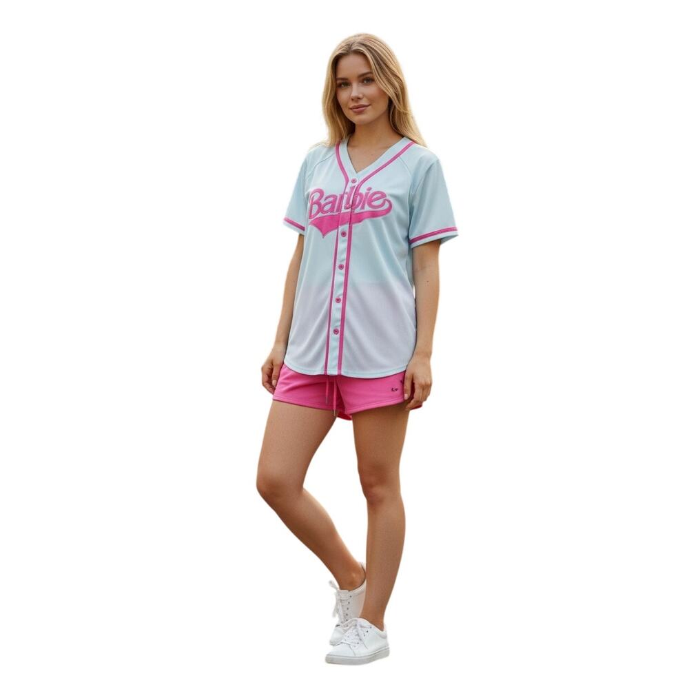 Barbie x Forever 21 White Pink Baseball Jersey Womens Size Medium